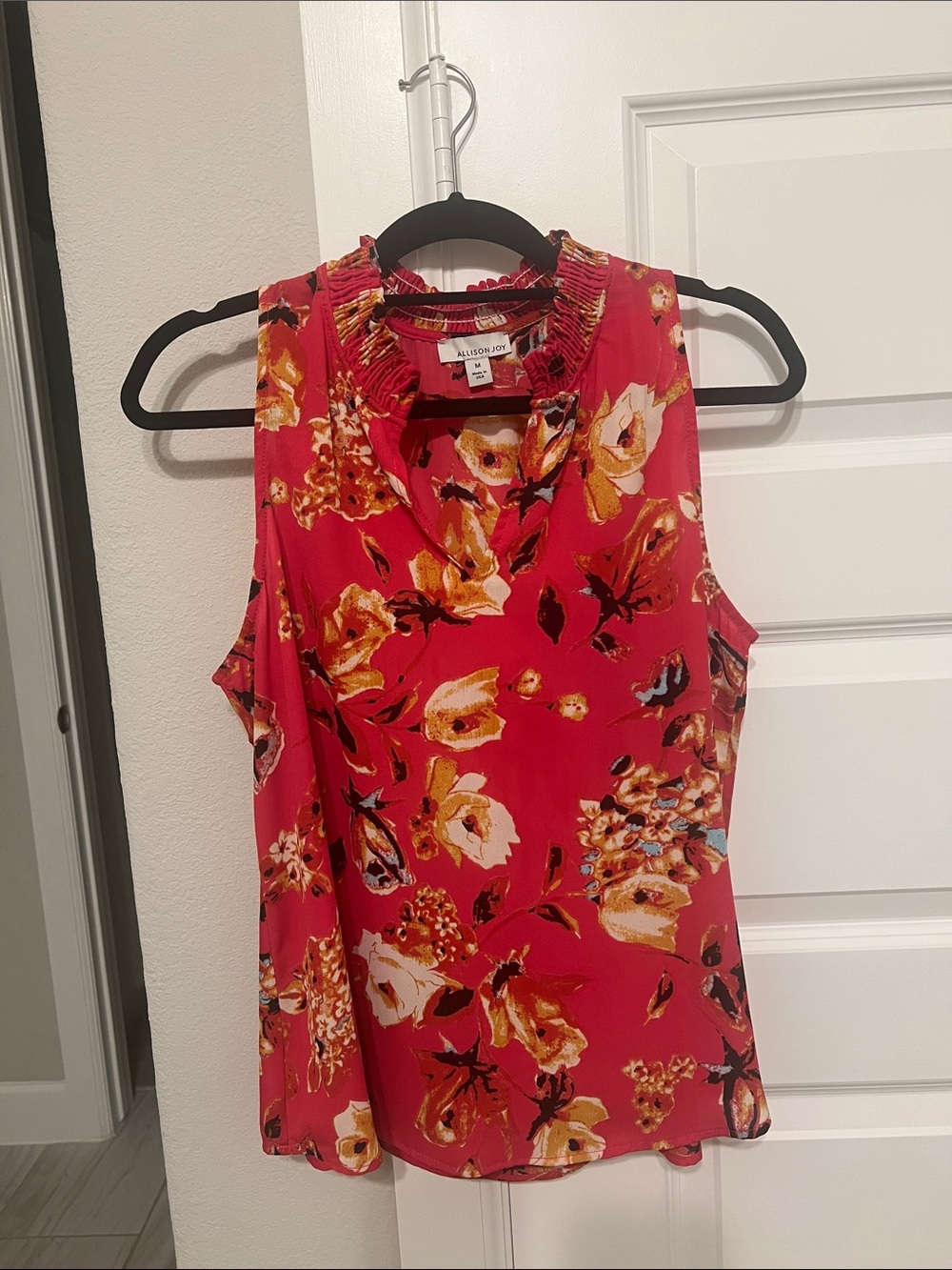 Allison Joy Coral Pink Floral Sleeveless Ruffle-Neck Blouse